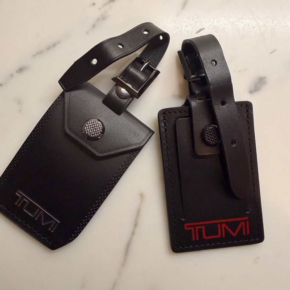 Tumi Black Leather Luggage Tags with Red Logo